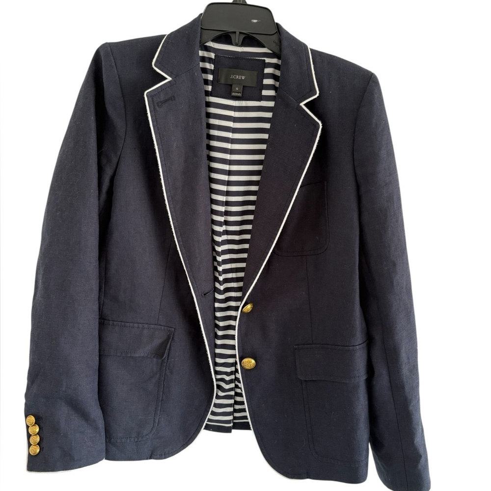 J. Crew Dark Blue linen Blazer with white piping and Gold button Accents - Picture 9 of 9